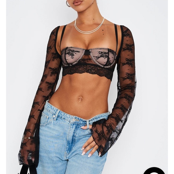 White Fox Hold It Down Long Sleeve Lace Crop Black - Picture 3 of 4